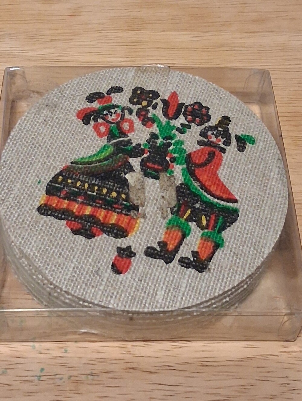 Vintage Hand-Painted Folk Art Coasters in Red, Green and Black